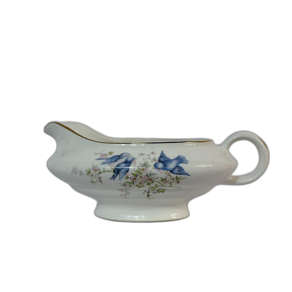 Antique Knowles KT&K Gravy Creamer Milk Boat Blue Bird Gold Rim 1920s